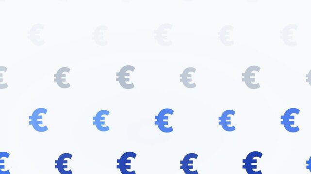 A graphic pattern of repeated Euro currency symbols arranged in horizontal rows, transitioning from pale gray at the top to saturated deep blue at the bottom.