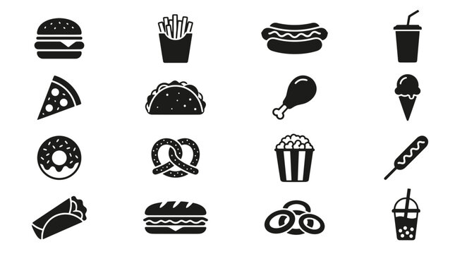 Collection of popular fast food icons in black and white silhouette style