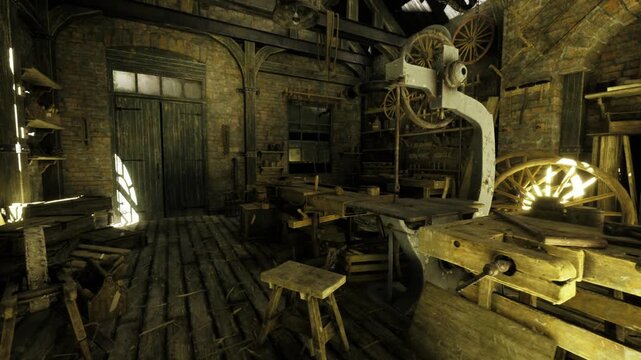 cinematic period film set workshop with dramatic light and vintage props, textured benches and gears, staged atmosphere evoking era craftsmanship and onset