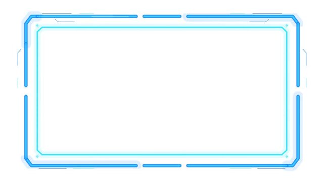 Futuristic rectangular frame featuring a blue glowing geometric border with rounded corners and interface-style design elements, isolated on a white surface.