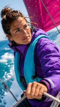 Woman sailor in a purple jacket pulls a line on deck during a fast yacht regatta beside a bright pink sail.