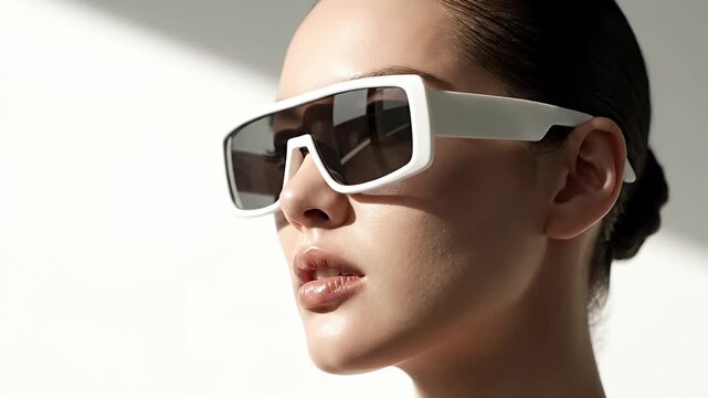 Woman wearing futuristic white visor sunglasses.