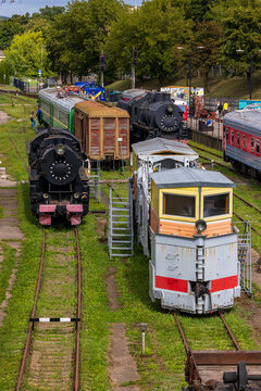 Vilnius, Lithuania - 08 August 2026: View of vintage steam locomotives and train cars displayed at the Meeting of Styles street art festival in the railway park.