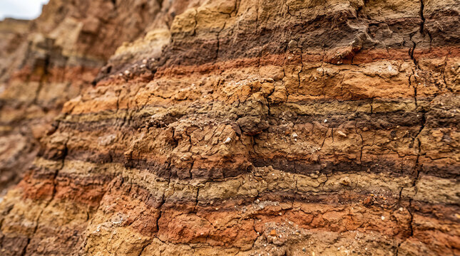 Natural clay mineral texture. Detailed geological soil layers in a rocky cliff background.