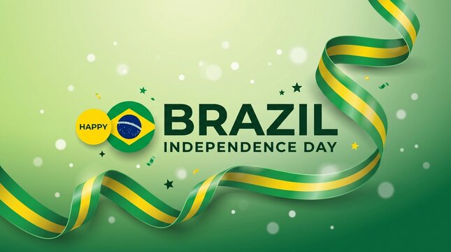 Brazil Independence Day celebration background, festive Brazilian flag ribbon with bokeh, green national holiday greeting card