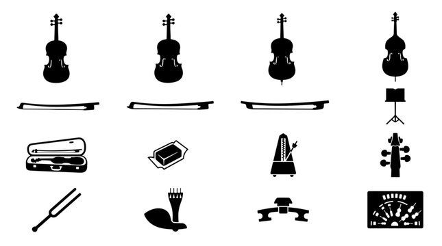Collection of musical instruments and accessories icons for string instruments