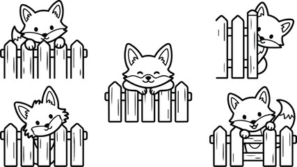 Obraz premium Cute foxes peeking and playing behind wooden picket fences in black and white line art collection