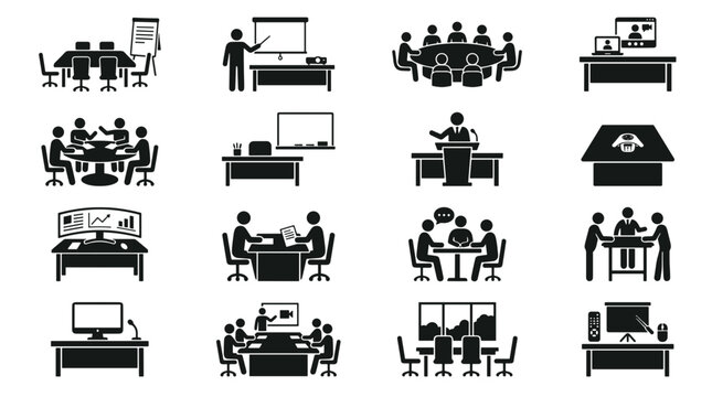 Business Meeting Icons Set Office Conference Room Collaboration Presentation