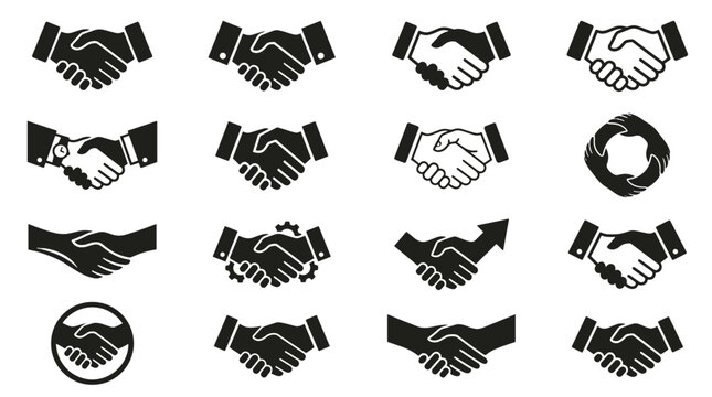 Collection of Handshake Icons Representing Agreement Partnership and Business Deals