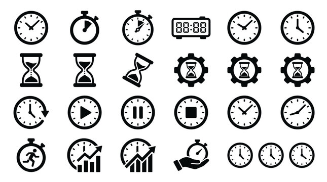 Collection of Clock and Time Icons Representing Different Time Concepts