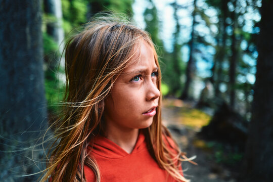 Close-up portrait of a boy in a red hoodie in a forest