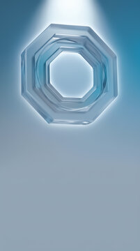 Sophisticated futuristic Islamic geometric octagram banner rendering layered frosted glassmorphism over ivory soft cyan background minimalist luxury layout excellent for commercial Halal Expo