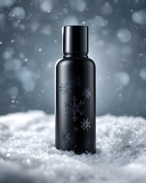 Black cosmetic bottle decorated with subtle snowflake accents, winter skincare packaging isolated on white background
