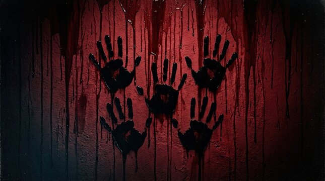 A chilling and mysterious halloween scene featuring shadowy hands reaching out from a vibrant unsettling and dramatically lit red background