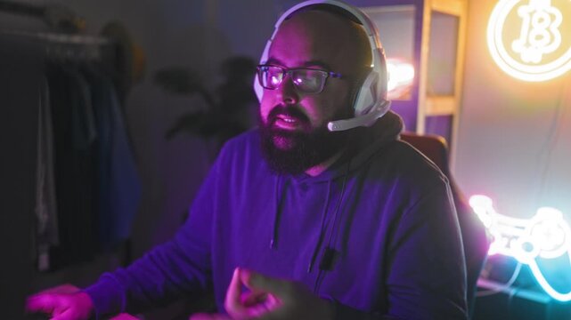 Man wearing headset and glasses typing and clicking at keyboard and mouse amid neon bitcoin sign and clothes rack in studio; focused play.