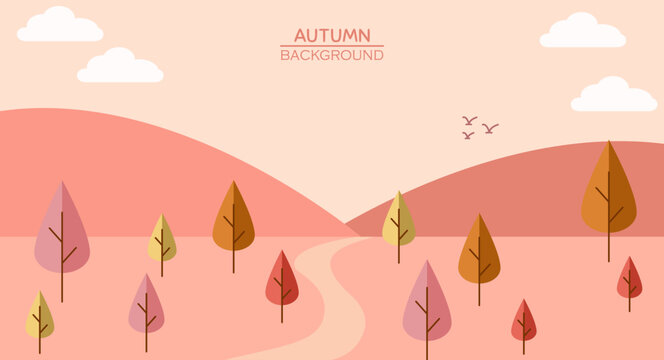 Minimalist autumn landscape background with geometric trees hills winding road and clouds vector illustration