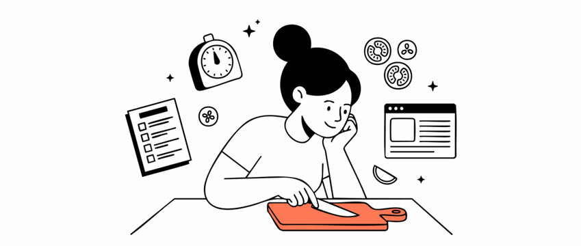 Woman cooking meal prep illustration chopping vegetables with timer recipe list online tutorial on cutting board for healthy lifestyle home productivity cooking concept minimalist vector graphic arts.