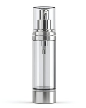Clear plastic cosmetic pump bottle with visible spring mechanism, packaging mockup isolated on white background