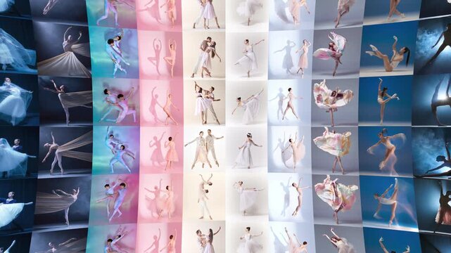 Vertical ballet strips display graceful dancers in flowing costumes. Concept of stop motion animation, classical performance, choreographic diversity, elegance and artistic movement