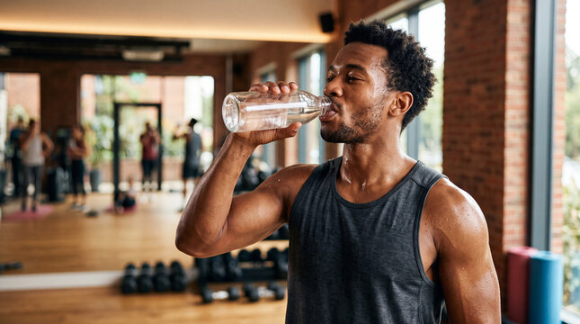 Athletic man drinking water after workout in gym, wearing sleeveless shirt, sweating, feeling refreshed and healthy, fitness and wellness lifestyle