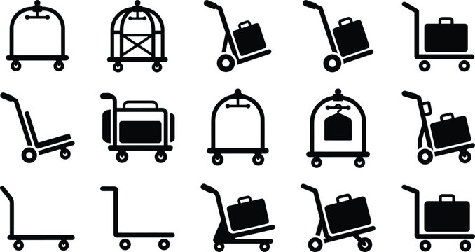 Hotel bellhop cart and baggage trolley icon set for hospitality travel and luggage service