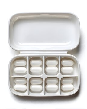 Compact white pill organizer with rounded compartments, healthcare accessory isolated on white background