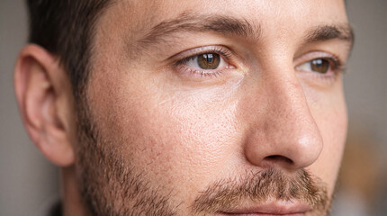Fototapeta premium Close up of young adult male face with healthy skin, natural complexion, light stubble, and brown eyes, showing clear pores and subtle facial hair in soft natural light