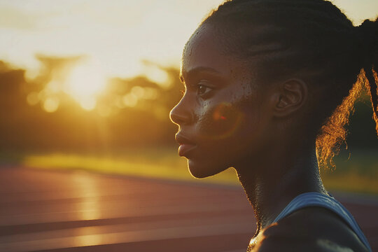 Close-up of determined runner breathing heavily during sunrise on track, glowing golden morning light, generative ai