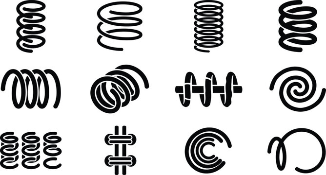 Industrial coil spring icon set with varied mechanical forms for engineering and technical design