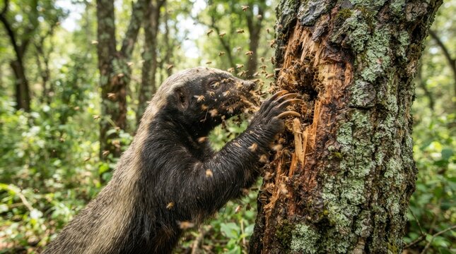 Honey Badger Raiding a Bee Hive: A determined honey badger with powerful claws raids a bee hive nestled in the bark of an old tree in a lush forest.