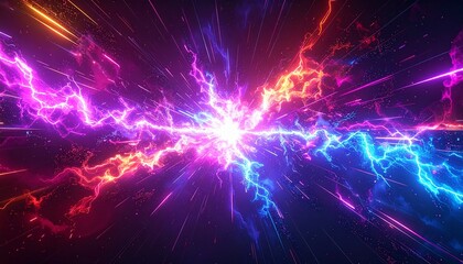 Fototapeta premium 中心から放射状に広がるピンク・青・オレンジのエネルギー爆発、稲妻とネオンの光が交差する未来的なSF抽象背景