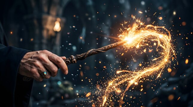 A wizard casting a spell with a glowing magic wand creating golden sparks in a dark forest