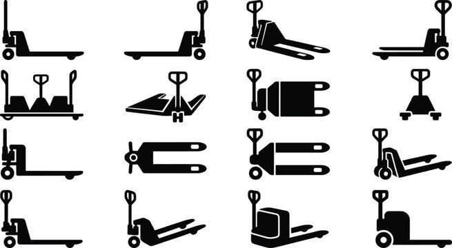 Pallet jack silhouette icon set with warehouse logistics equipment for industrial shipping design