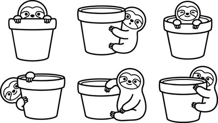 Obraz premium Playful sloths hiding in and hugging flowerpots in black and white line art arrangement