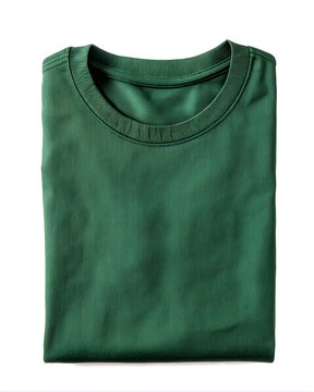 Folded forest green t-shirt with crisp neckline, apparel mockup isolated on white background