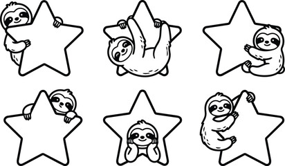 Obraz premium Playful sloths hugging large stars in black and white line art illustration