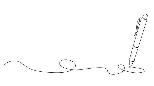 animated continuous line drawing of ballpoint pen writing, drawing a curved line, minimal line art animation