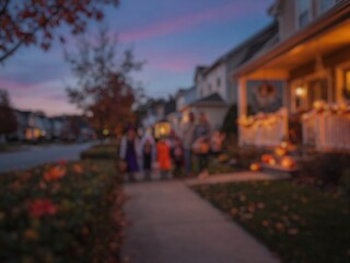 Fototapeta premium Blur image of children enjoying trick or treat during Halloween evening, suitable for holiday, family, childhood, community, and seasonal concepts