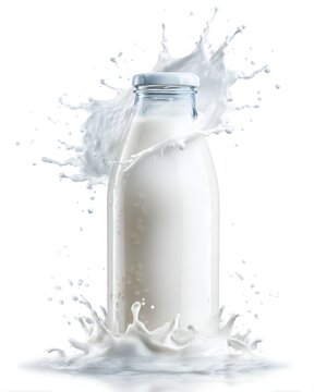 Fresh milk bottle with splash motion, dairy beverage product isolated on white background