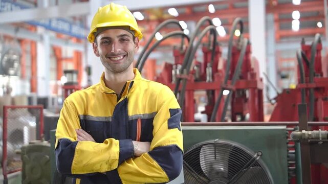 Engineer in protective workwear uses a tablet during a quality control inspection and industrial audit inside a modern factory.