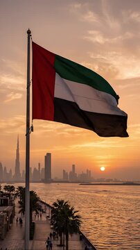 United Arab Emirates flag with Dubai skyline at sunset