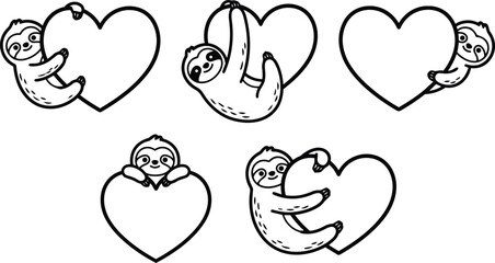Fototapeta premium Cute sloths hugging heart shapes in black and white line art for valentine love and affection