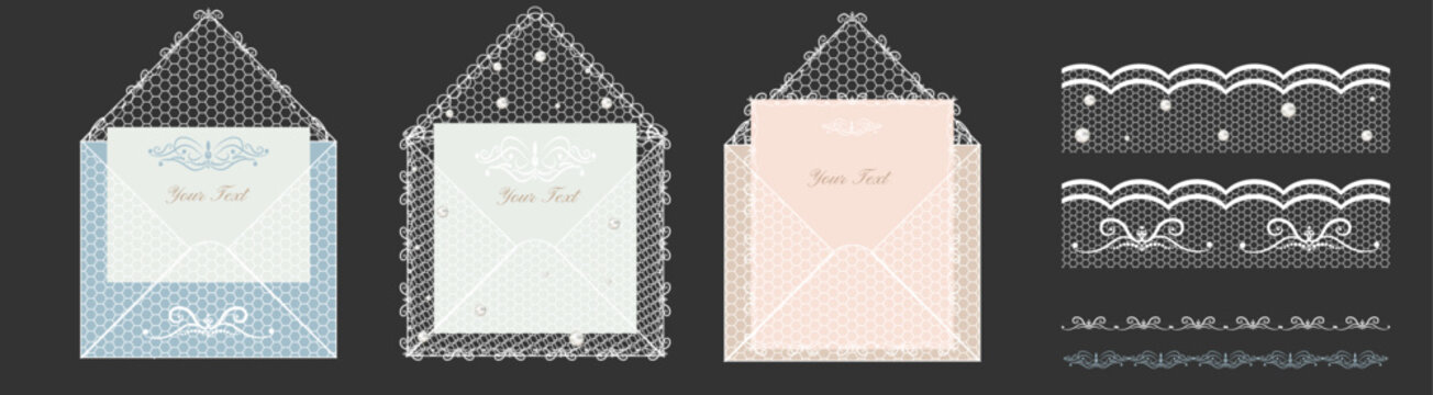 Lace invitation template set. Collection of vintage envelopes and horizontal borders with ornate mesh, pearls, and floral details. Elegant vector design for wedding stationery and greeting cards.