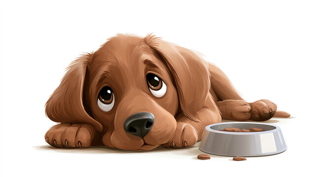 A cute, animated puppy looks longingly at its empty food bowl, showcasing feelings of hunger and hope. Perfect for pet-themed projects.