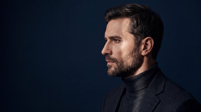 Profile portrait of confident middle aged man with beard, wearing dark turtleneck and blazer, looking serious against dark blue background