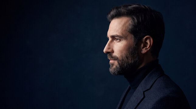 Profile portrait of confident adult man with beard wearing dark suit and turtleneck against dark blue background, expressing calm and sophistication