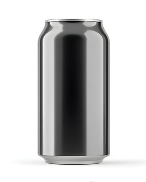 Futuristic aluminum cola can with sleek contours and no label, beverage packaging concept isolated on white background