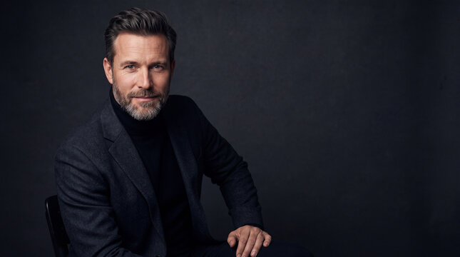 Confident mature man with beard wearing dark suit and black turtleneck sitting against dark background, looking at camera with slight smile, professional studio portrait