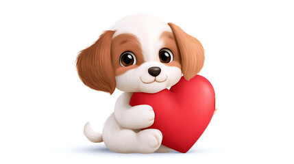 Fototapeta premium A cute cartoon puppy holding a red heart, symbolizing love and companionship. Perfect for pet lovers and emotional connections in design.