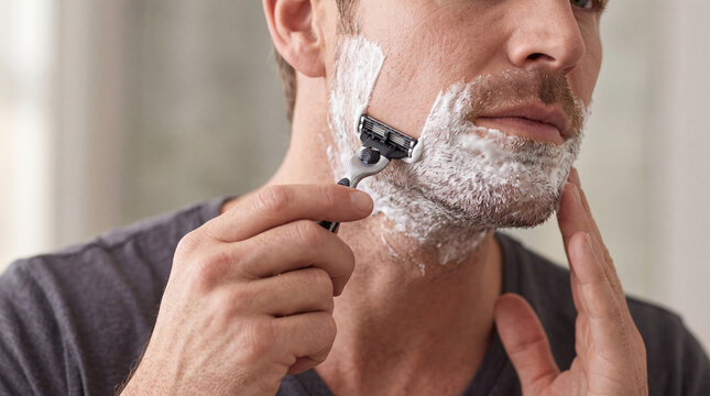 Man shaving face with razor applying shaving cream close up on hand and facial hair personal care routine clean grooming morning hygiene adult male home bathroom